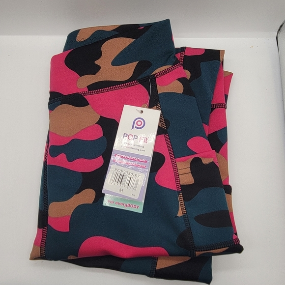 Pop Fit Hot Pink Blue Camo Leggings Pockets NWT Medium High Rise 12" in Stretch - Picture 9 of 9